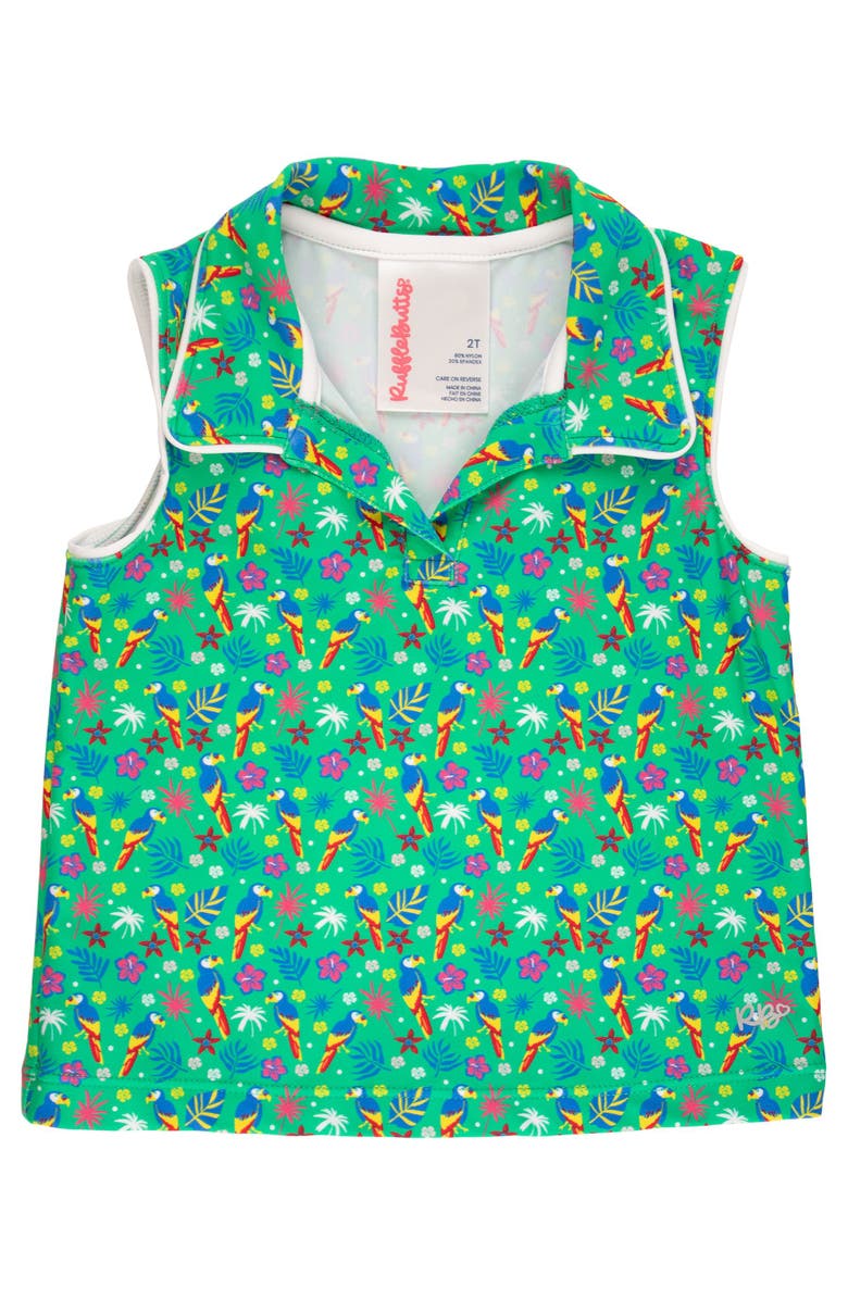 RuffleButts UPF50+ Sleeveless Polo Active Top, Main, color, Tiny Parrot Palms