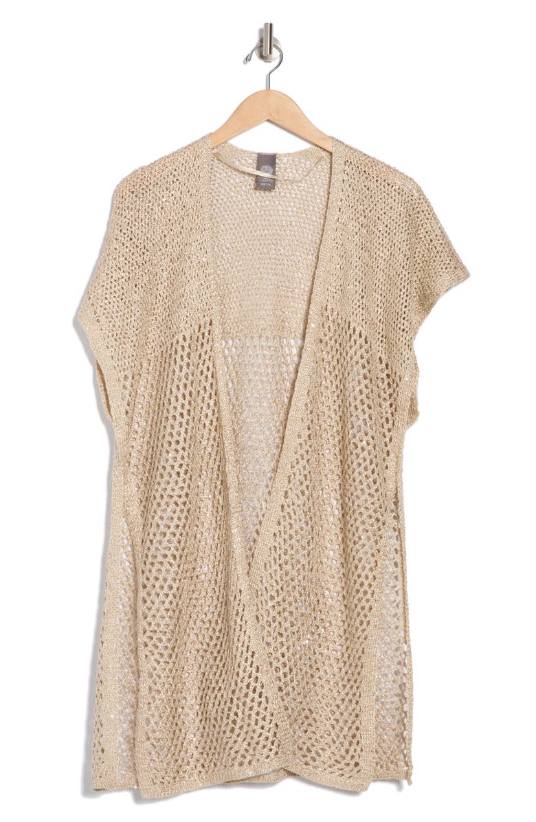 Vince Camuto Sequin Embellished Open Knit Short Sleeve Duster, Alternate, color, Neutral