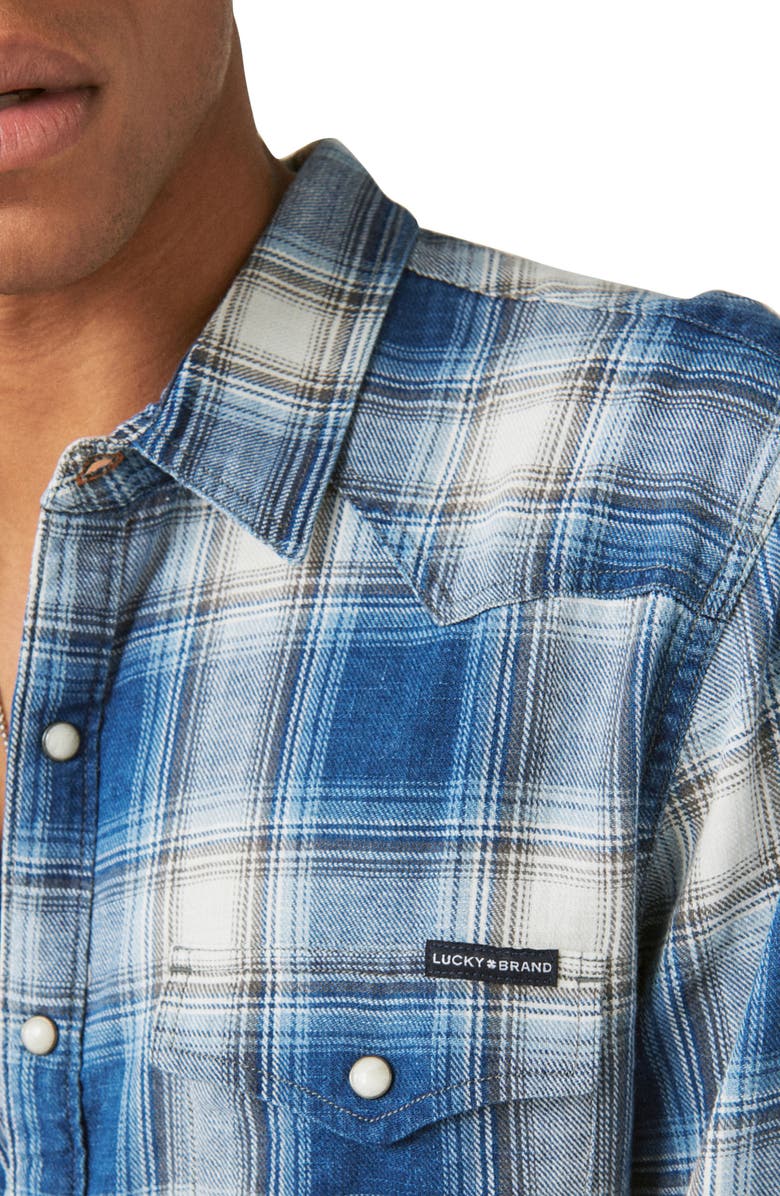 Lucky Brand Plaid Indigo Snap-Up Western Shirt, Alternate, color, 