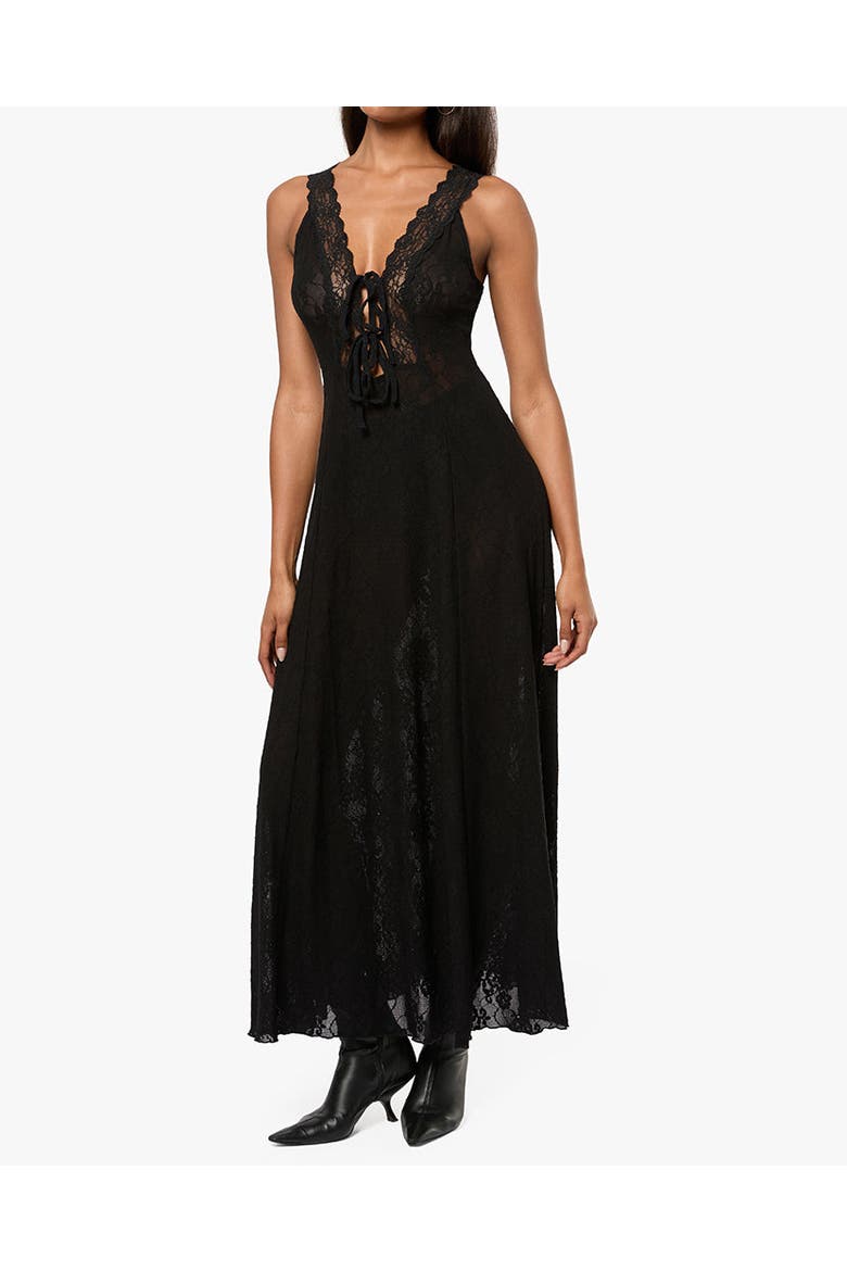 Lace Tie Front Midi Dress, Main, color, BLACK