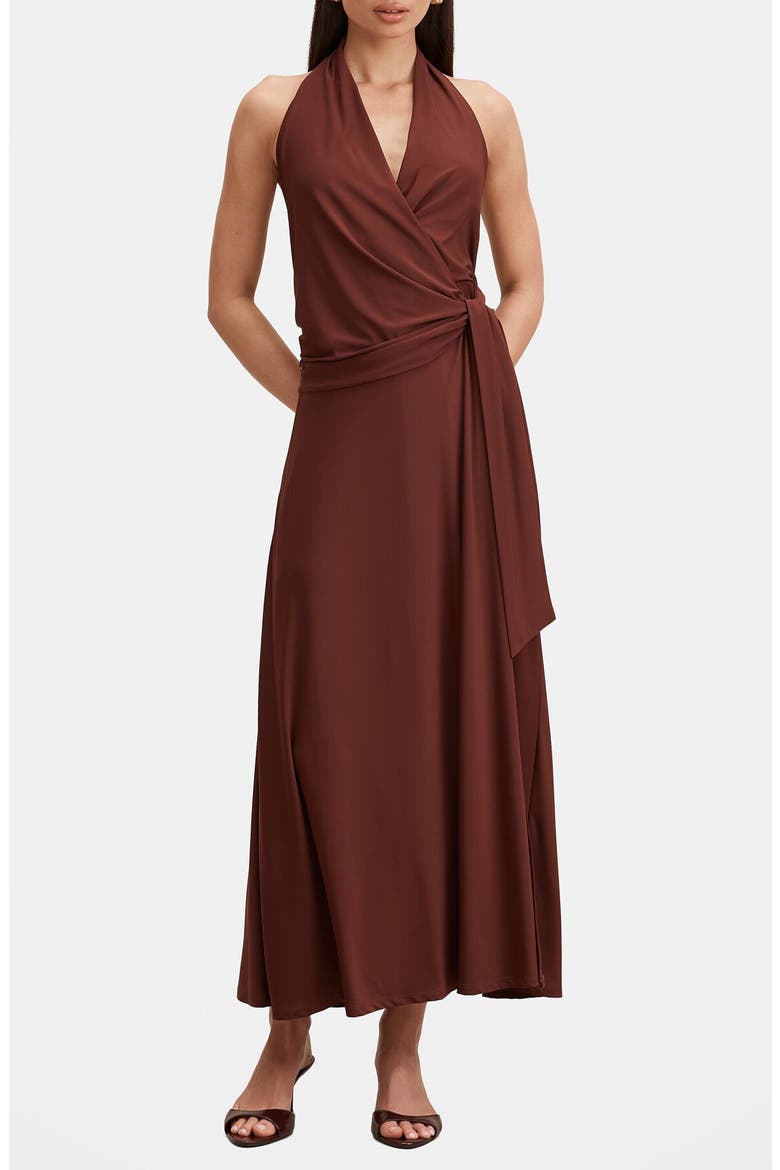 Aaliyah Faux Wrap Halter Maxi Dress, Main, color, DARK CHOCOLATE TRUFFLE