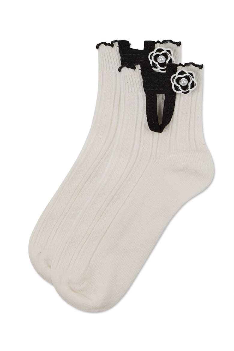 Floral Button Anklet Socks, Alternate, color, White