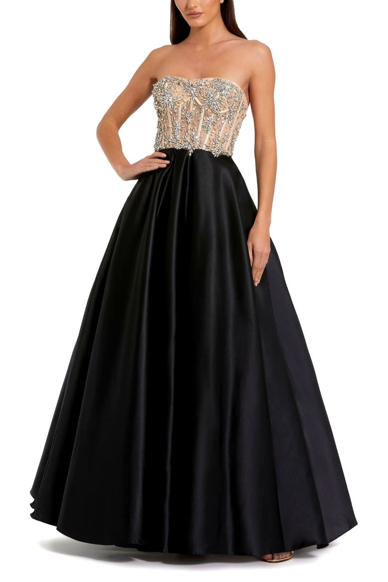 Strapless Embellished Bustier Ball Gown, Main, color, Black