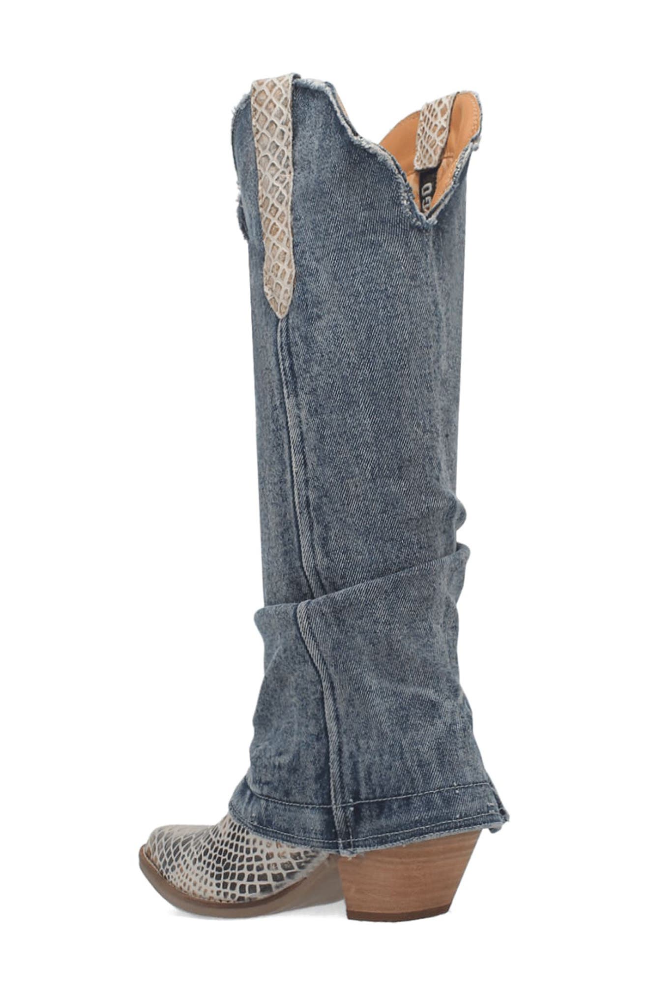 Dingo Knee High Denim & Snakeskin Embossed Western Boot, Alternate, color, Blue