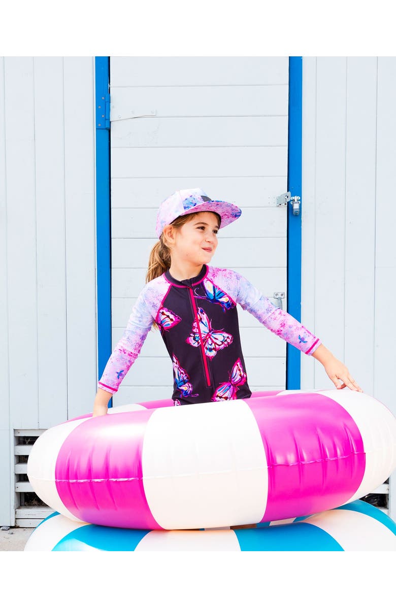 Deux par Deux Little Girl's Printed Long Sleeve One-Piece Rashguard Black And Multicolored Butterflies, Alternate, color,