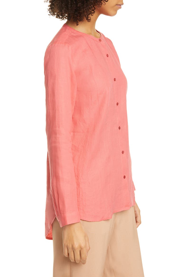 Collarless Organic Linen Button-Up Shirt, Alternate, color, PINK GRAPEFRUIT