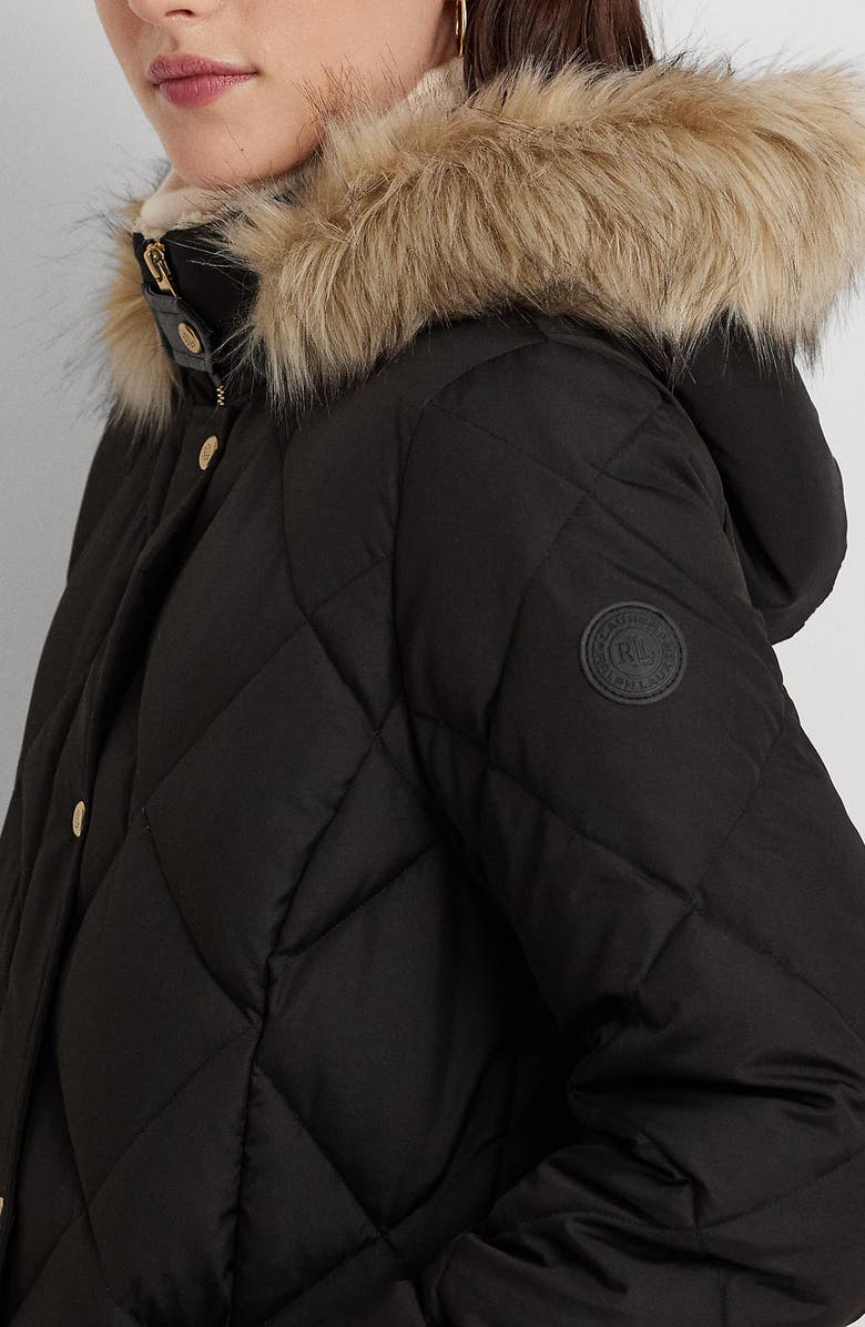 Lauren Ralph Lauren Diamond Faux Fur Trim Quilted Down & Feather Fill Hooded Puffer Coat, Alternate, color, 