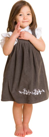 Toddler Pinafore Corduroy Dress with Embroidery | Gray & White