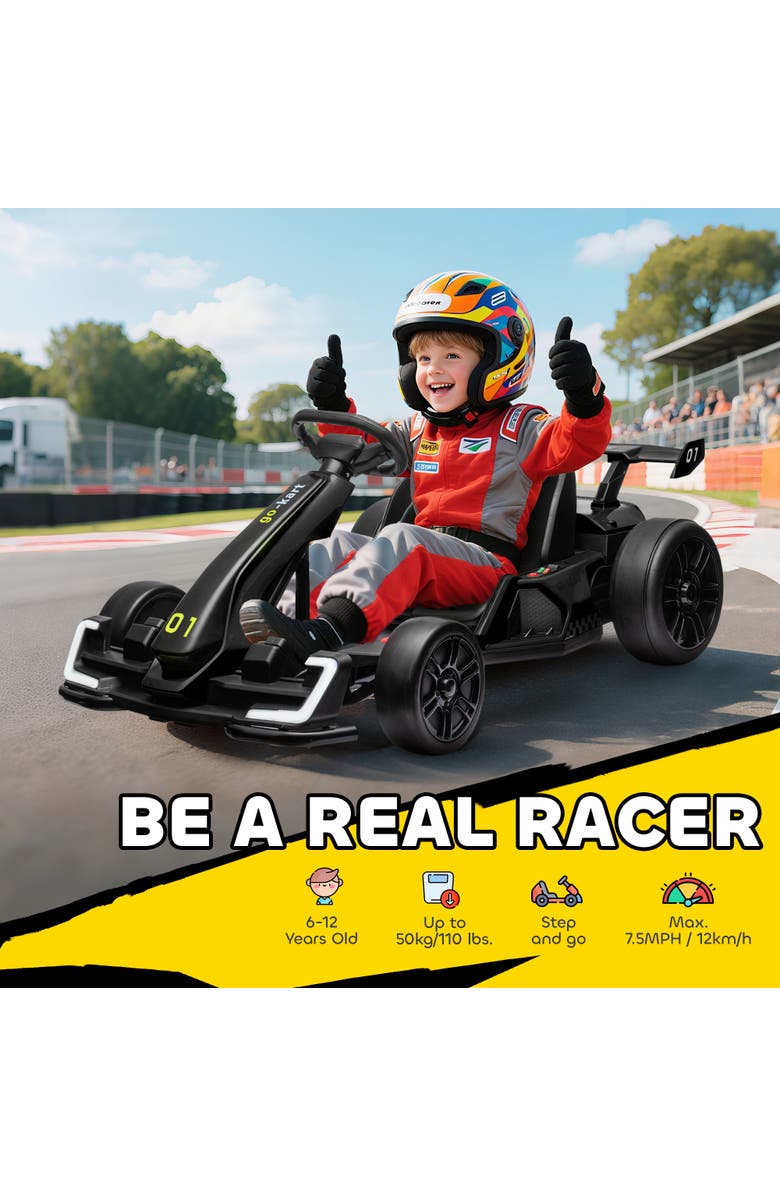 Aosom 24V 7.5 MPH Drifting Electric Go Kart with Adjustable Seat Slow Start Button Start Music Horn Lights, Alternate, color, Black