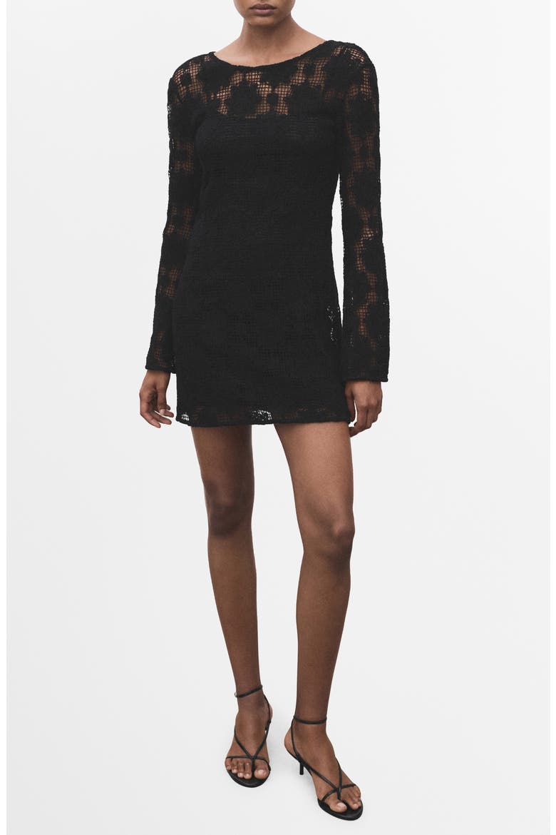 Long Sleeve Open Stitch Minidress, Main, color, BLACK