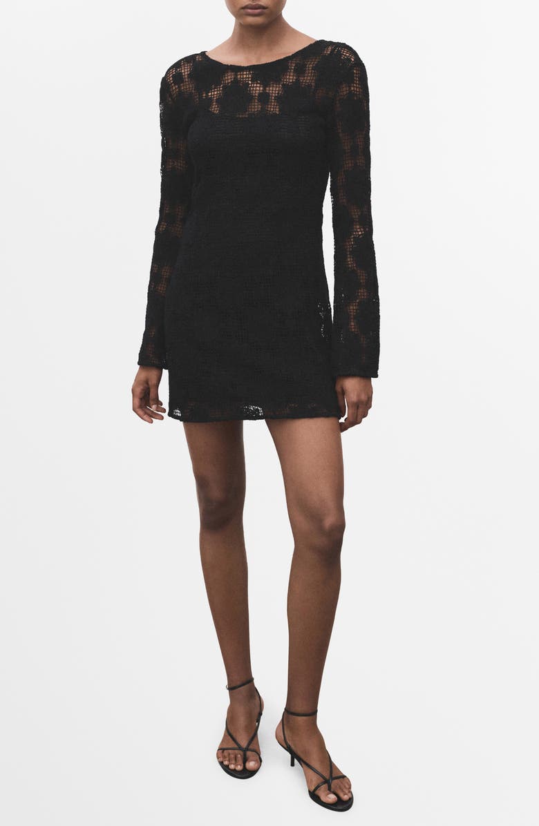 MANGO Long Sleeve Open Stitch Minidress, Main, color, Black