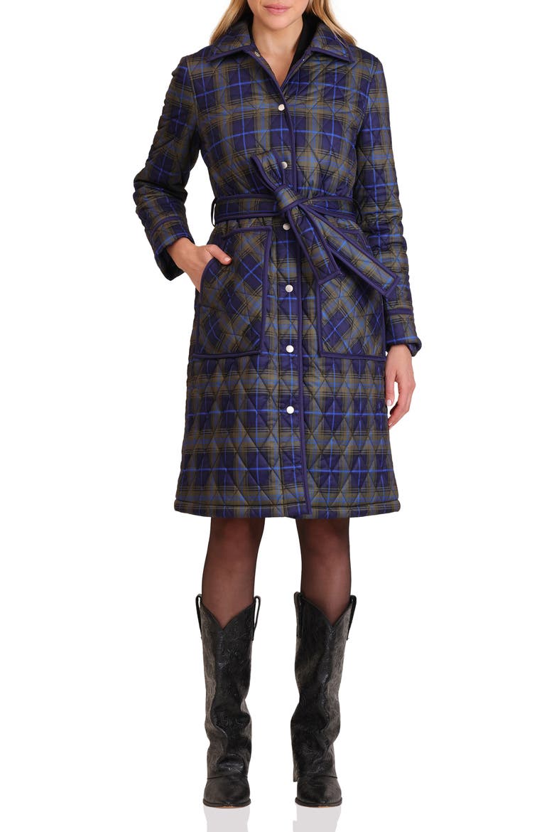 Tie Waist Quilted Jacket, Main, color, NAVY PLAID