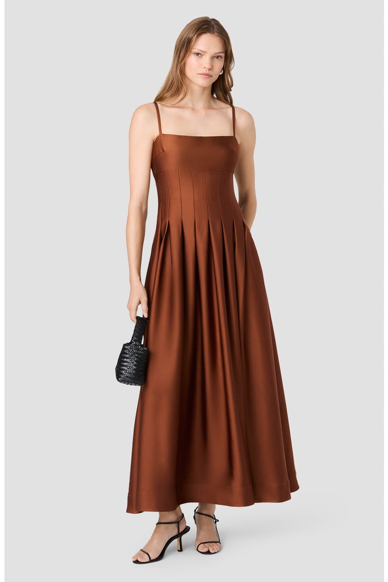 Pleated Sleeveless Satin Maxi Dress, Alternate, color, CHESTNUT BROWN