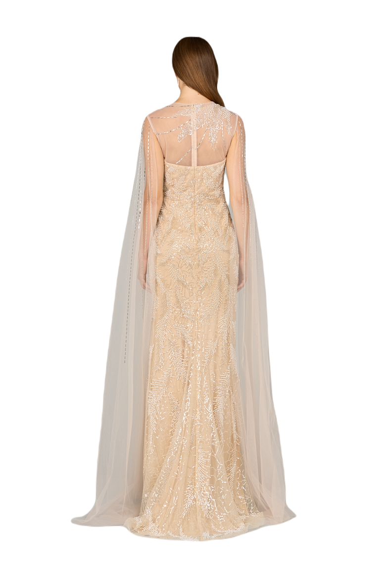 Long Cape Beaded Gown, Alternate, color, ChampagneIvory