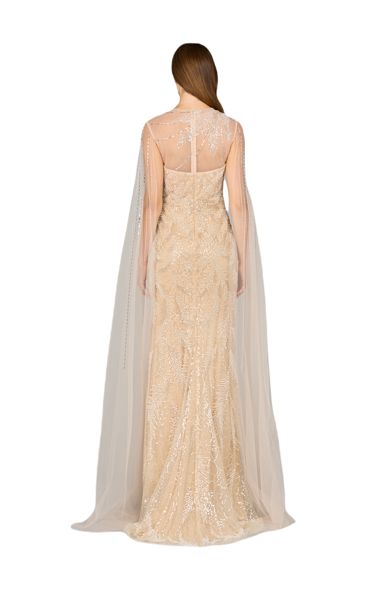 LARA New York Long Cape Beaded Gown, Alternate, color, Champagneivory