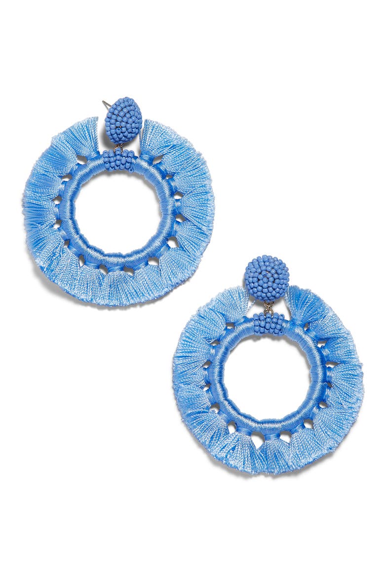 Adrita Beaded Tassel Hoop Earrings, Main, color, PERIWINKLE