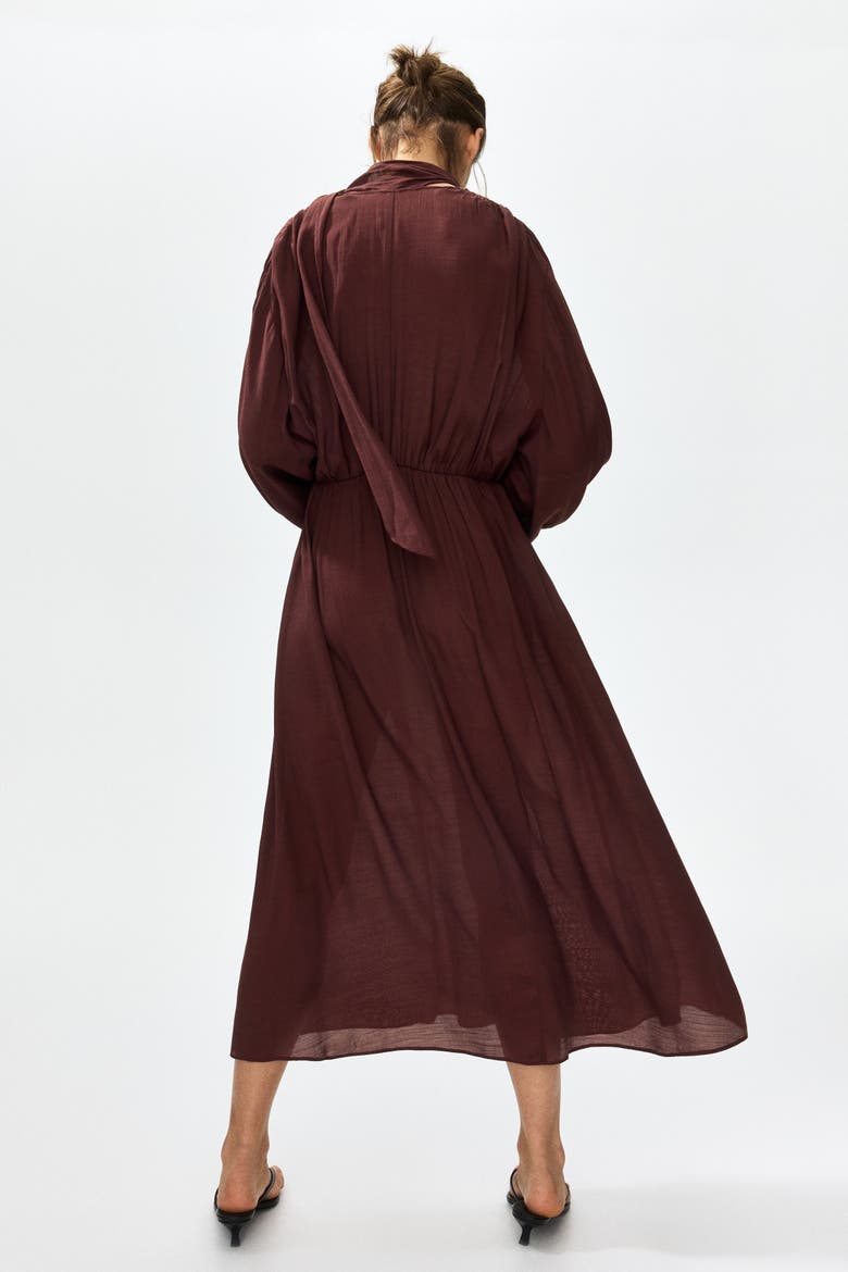 Scarf-detail Balloon-sleeved Dress, Alternate, color, Burgundy