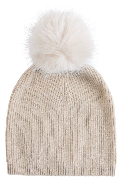 Lurex® Rib Cashmere Beanie with Faux Fur Pom