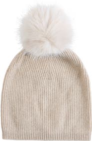 Sofia Cashmere Lurex® Rib Cashmere Beanie with Faux Fur Pom