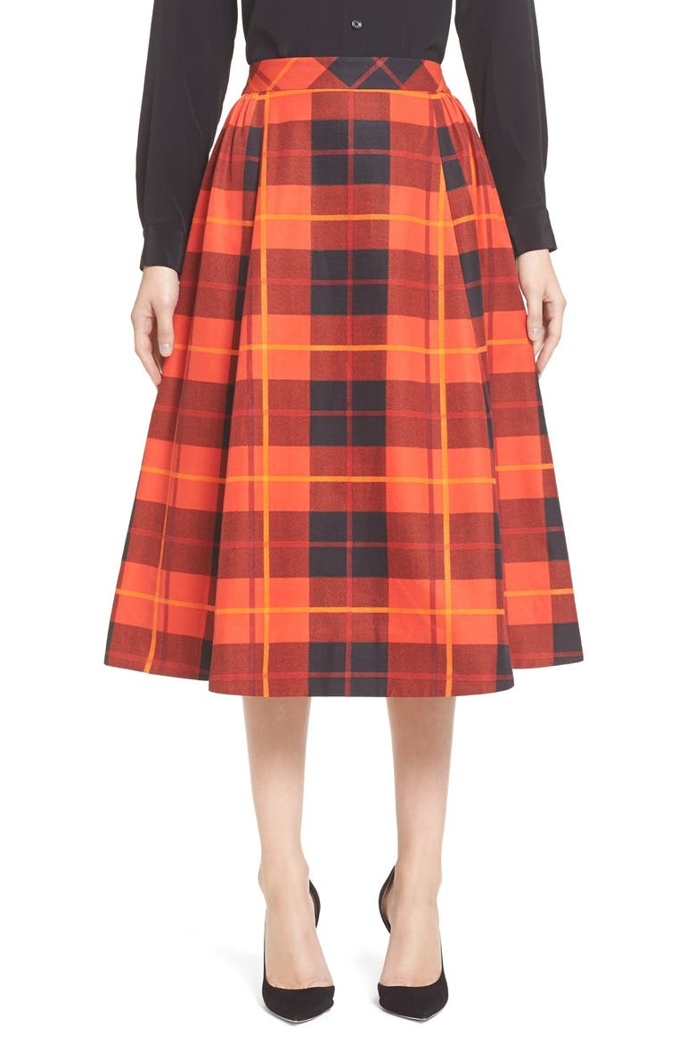 kate spade new york woodland plaid midi skirt, Main, color, FAIRYTALE RED