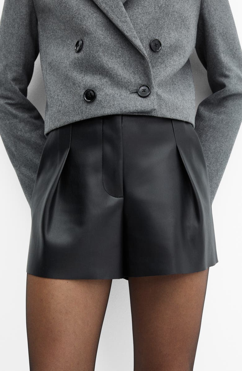MANGO Pleated Faux Leather Shorts, Alternate, color,