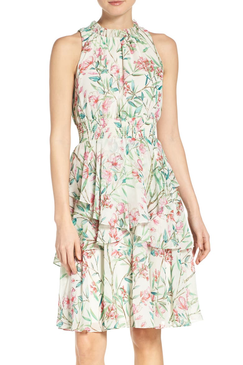 Chiffon Fit & Flare Dress, Main, color, IVORY/ PINK/ GREEN