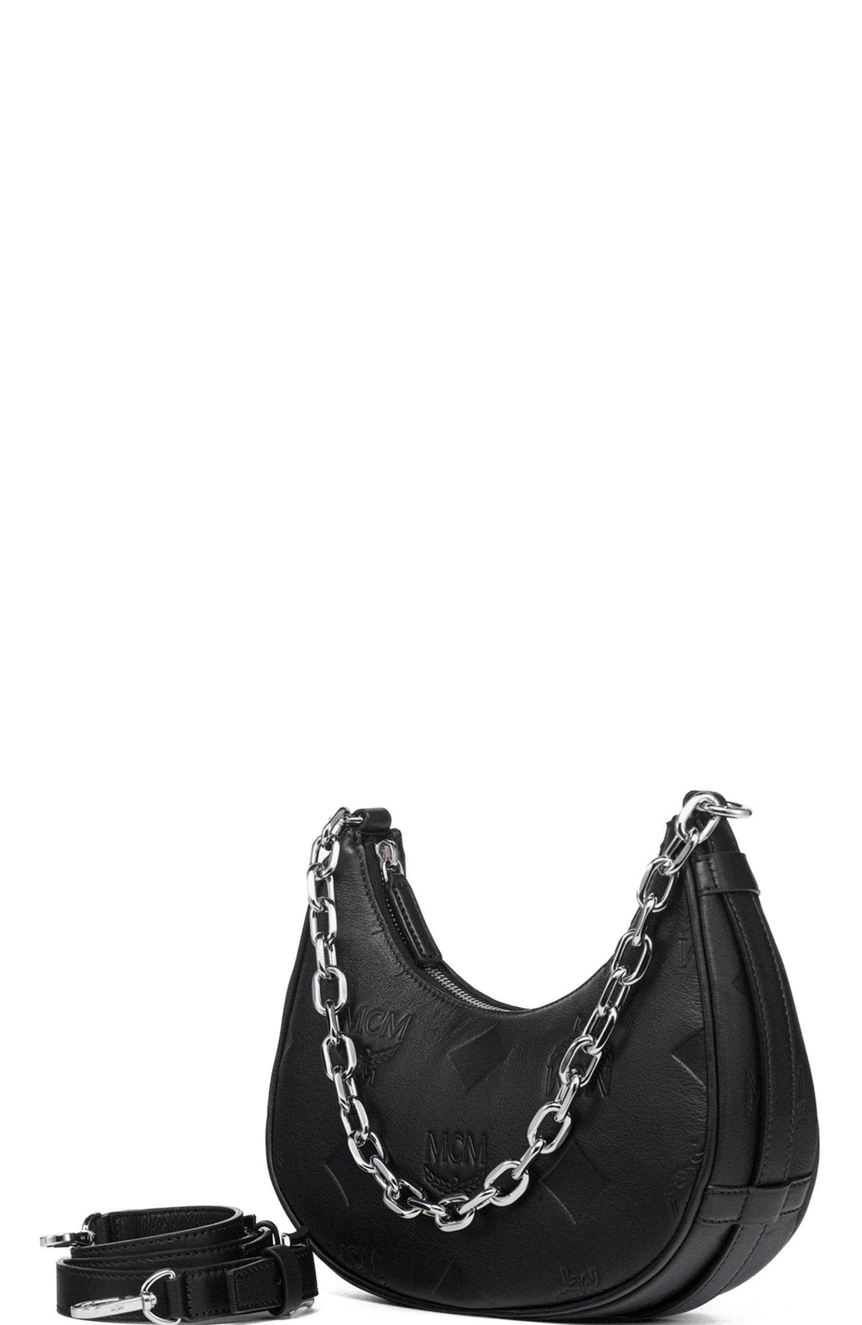 MCM Aren Crescent Hobo Bag in Maxi Monogram Leather, Alternate, color, Black