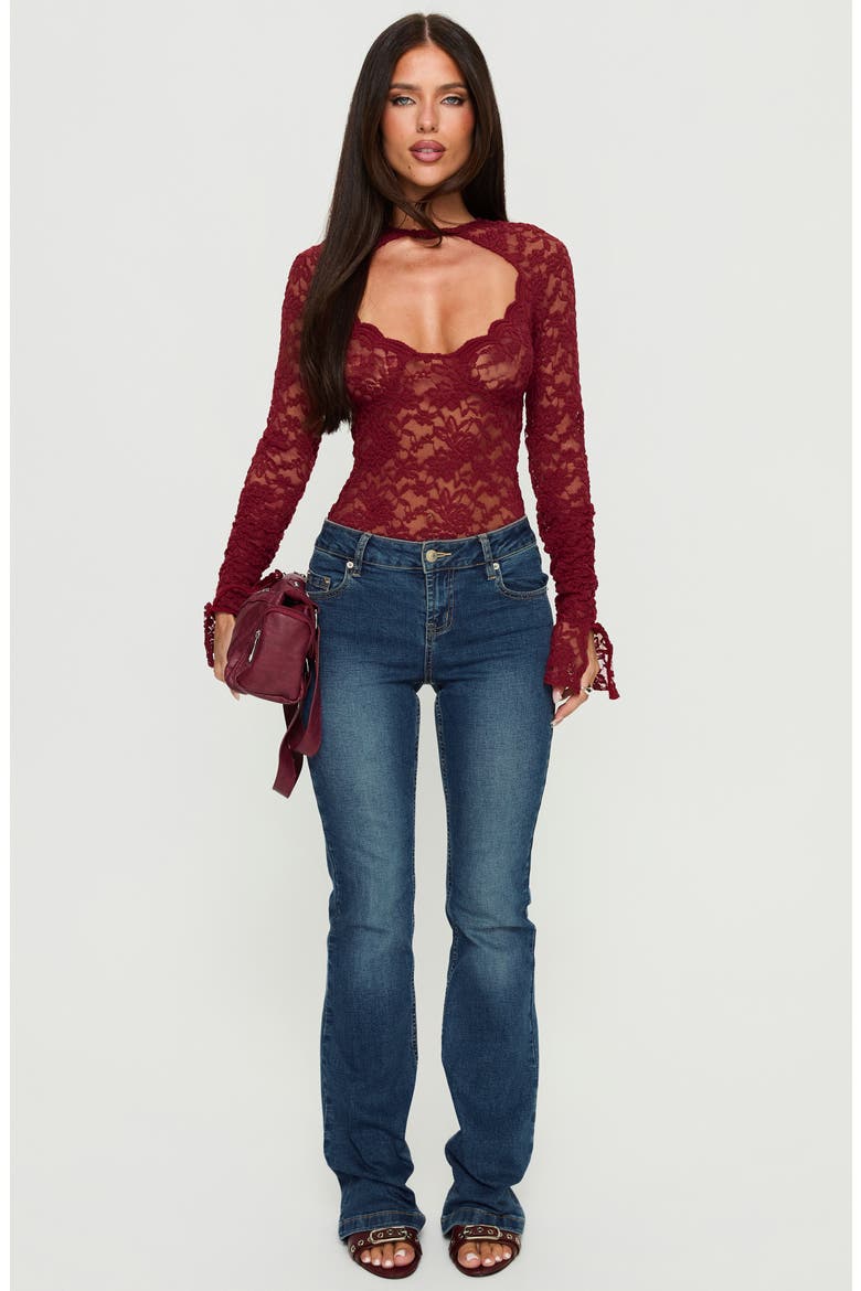 Giallo Long Sleeve Lace Bodysuit, Alternate, color, BURGUNDY
