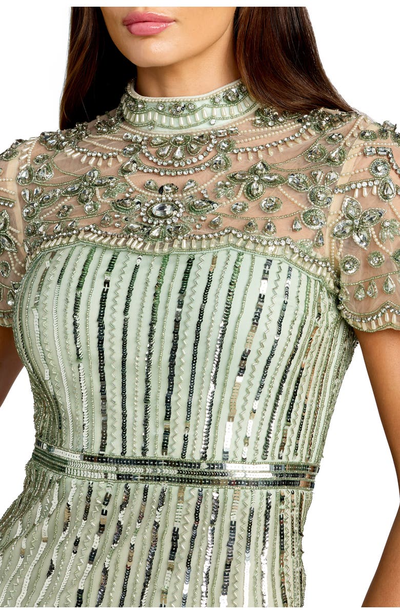 Mac Duggal Beaded Mesh Short Sleeve Mock Neck Midi Dress, Alternate, color, Light Sage