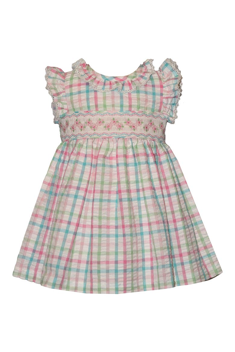 Kids' Check Smocked Waist Cotton Blend Seersucker Dress, Main, color, IVORY MULTI