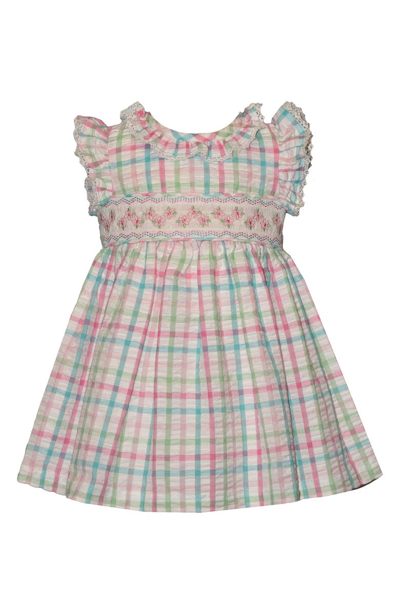 GERSON & GERSON Kids' Check Smocked Waist Cotton Blend Seersucker Dress, Main, color, Ivory Multi
