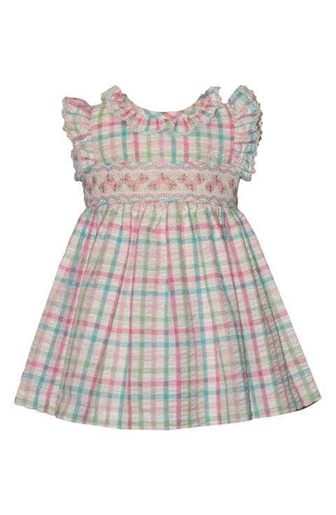 Kids' Check Smocked Waist Cotton Blend Seersucker Dress (Baby)