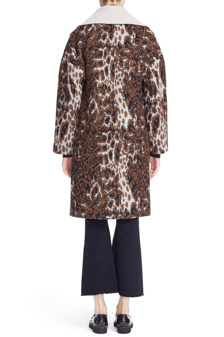 Contrast Collar Leopard Print Long Swing Coat, Alternate, color, BROWN/ PALE GREY