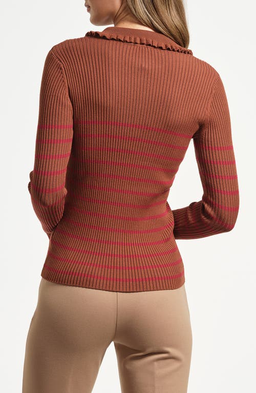 Isaac Mizrahi New York Stripe Ruffle Rib Polo Sweater In Red
