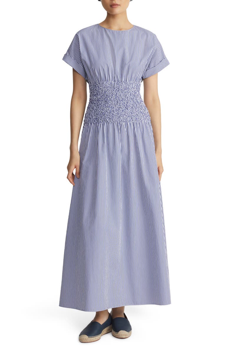 Lafayette 148 New York Smocked Waist Stripe Cotton Poplin Maxi Dress, Main, color, 