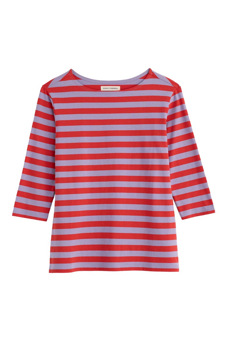 Sailor Stripe Three Quarter Sleeve Organic Cotton T-Shirt, Alternate, color, BRETON CREEK BRIGHT RADISH