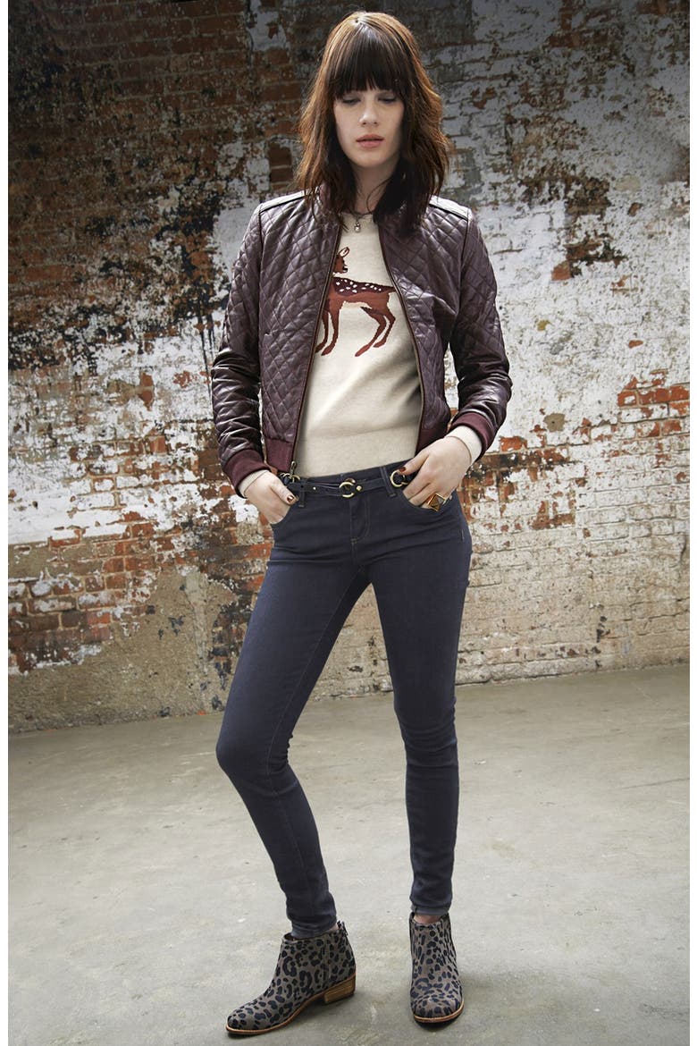 Quilted Leather Bomber Jacket, Alternate, color, BLACK