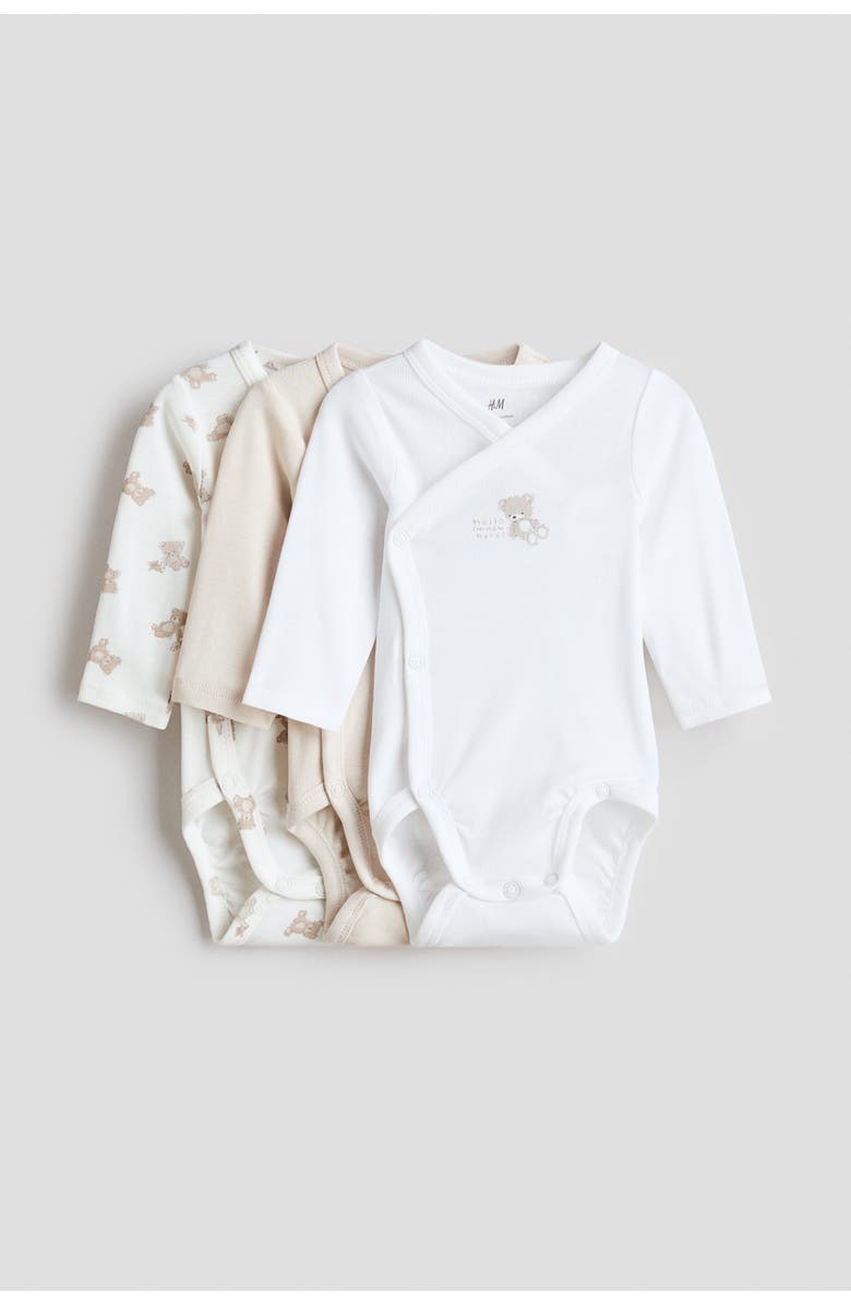 H&M 3-pack Wrapover Bodysuits, Main, color, White/Teddy Bears