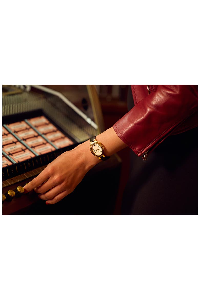 Rubaiyat Ella Fitzgerald x Apollo Leather Strap Watch, 28.8mm, Alternate, color, BLACK