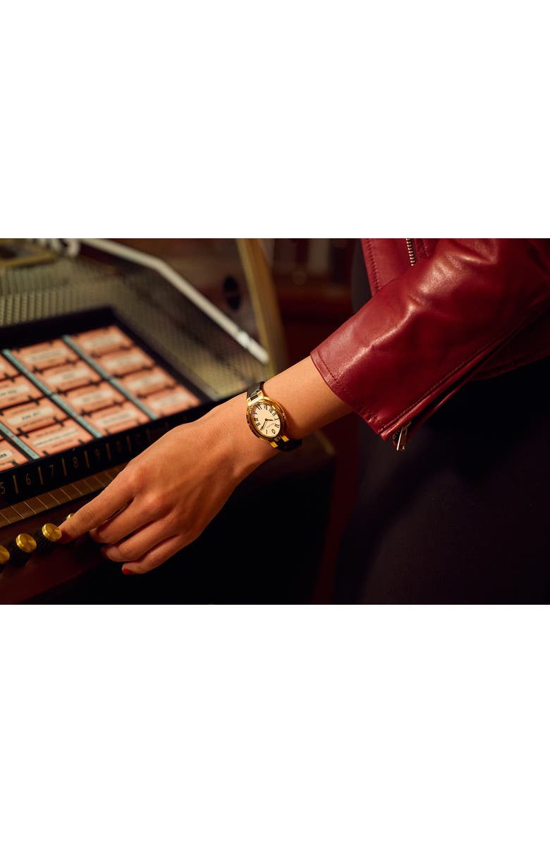 BULOVA Rubaiyat Ella Fitzgerald x Apollo Leather Strap Watch, 28.8mm, Alternate, color, Black