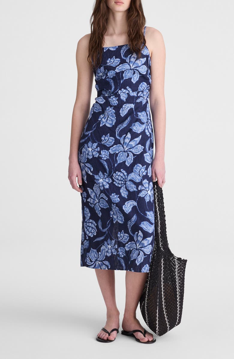 Madewell Sharona Ruched Linen Midi Dress, Alternate, color, Classic Indigo