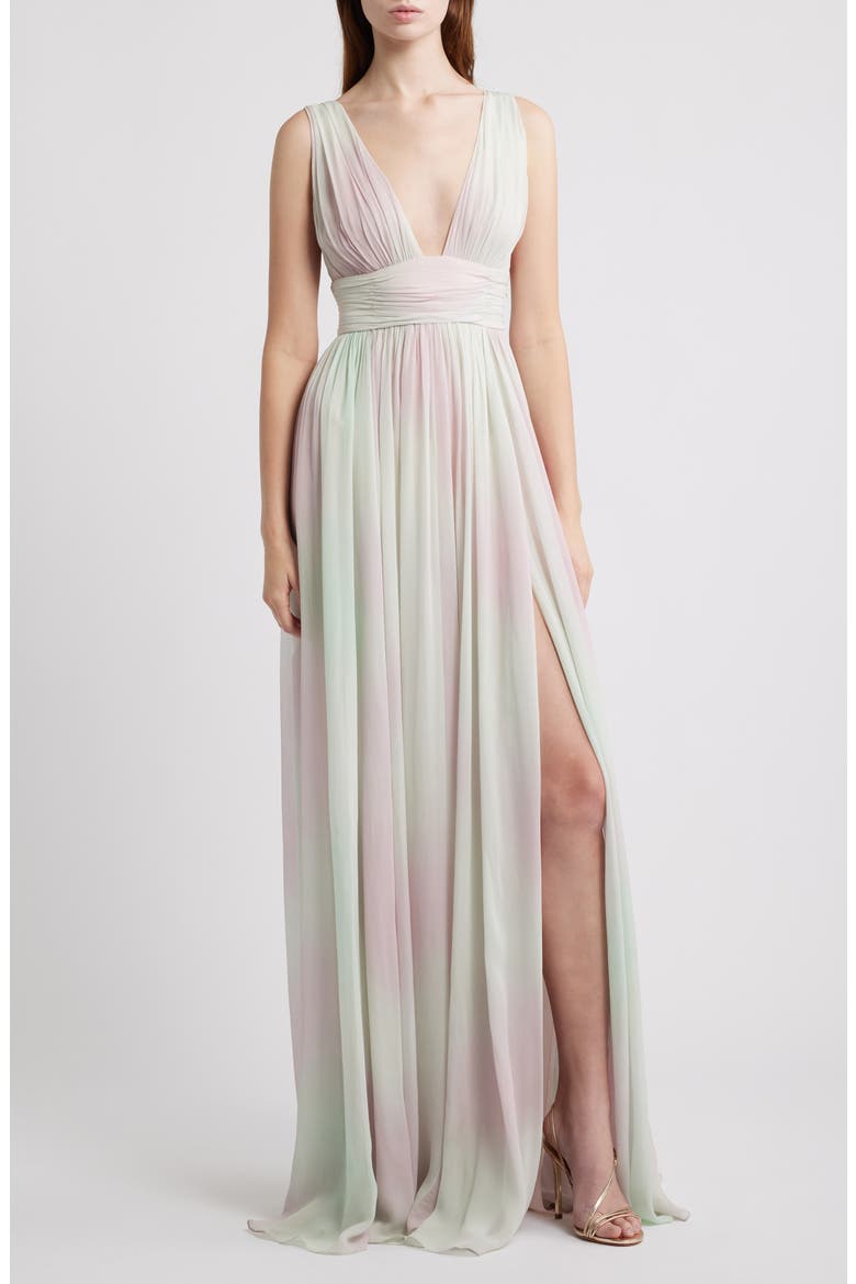 Madeline Gathered Sleeveless Gown, Main, color, MISTY IRIS
