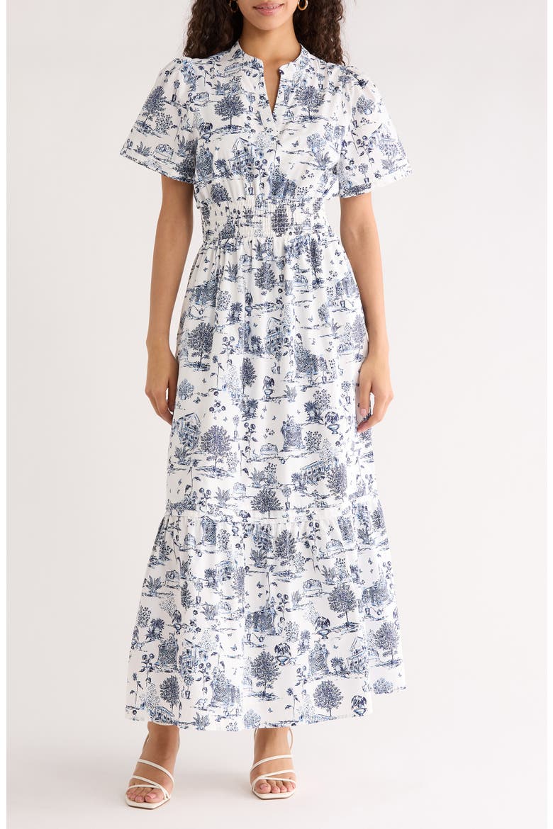 Lara Floral Print A-Line Dress, Main, color, WHITE-BLUE-MULTI
