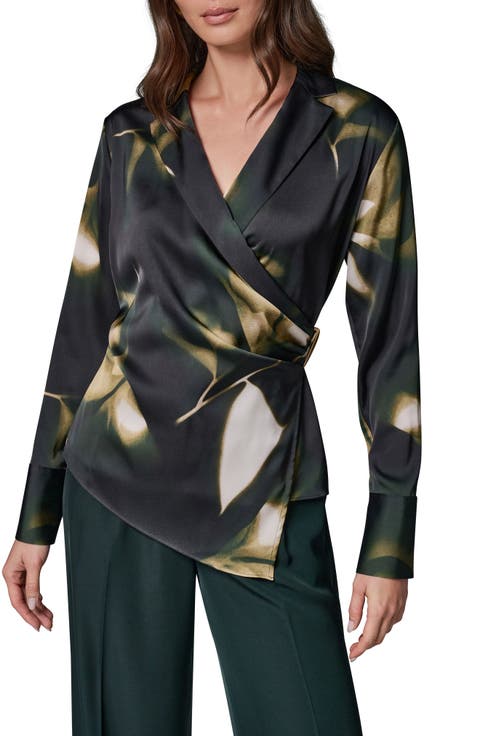 Notched Collar Satin Wrap Blouse
