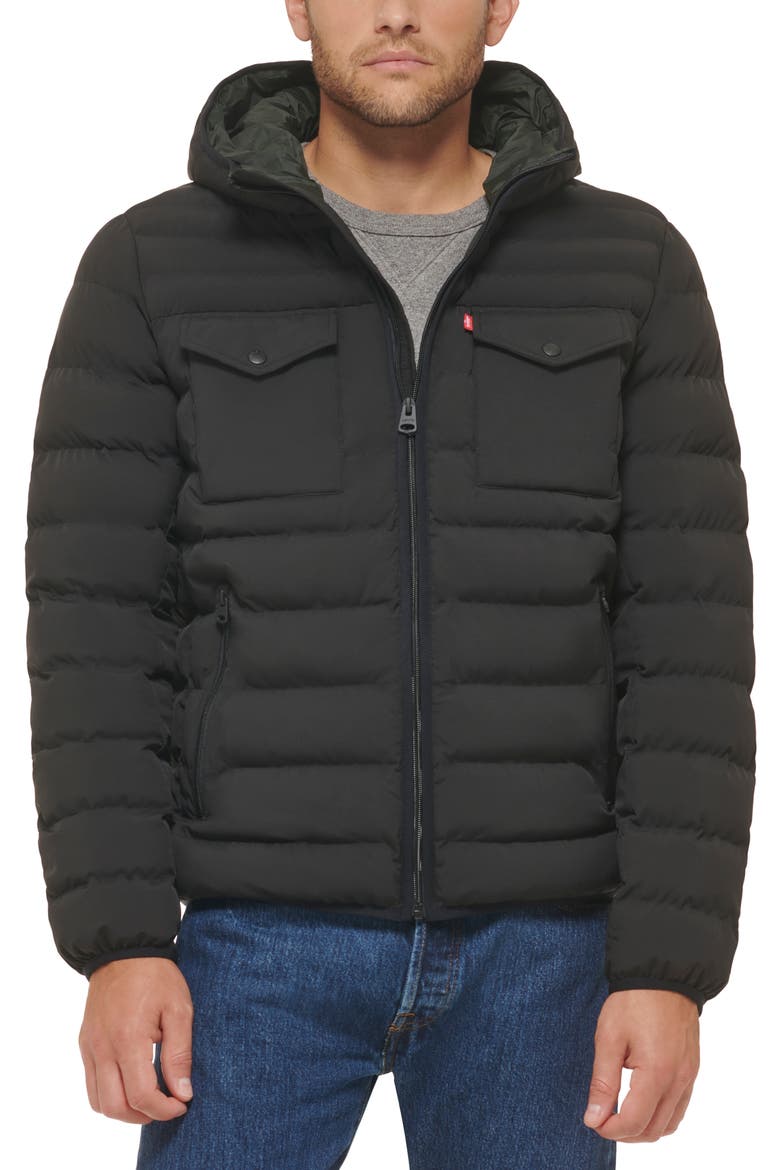 Stretch Hooded Puffer Jacket, Main, color, BLACK
