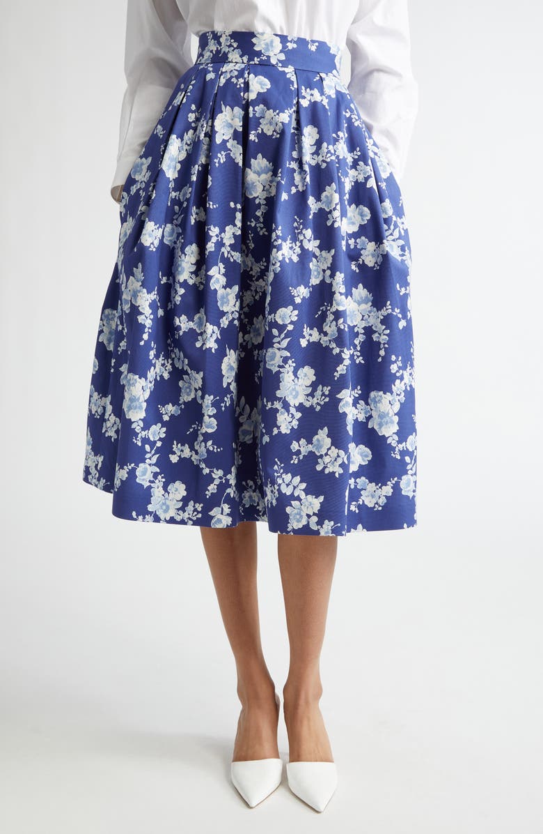 Carolina Herrera Floral Print Pleated Faille Midi Skirt, Main, color, Nautilus Multi