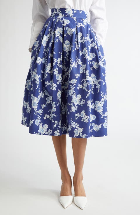 Floral Print Pleated Faille Midi Skirt