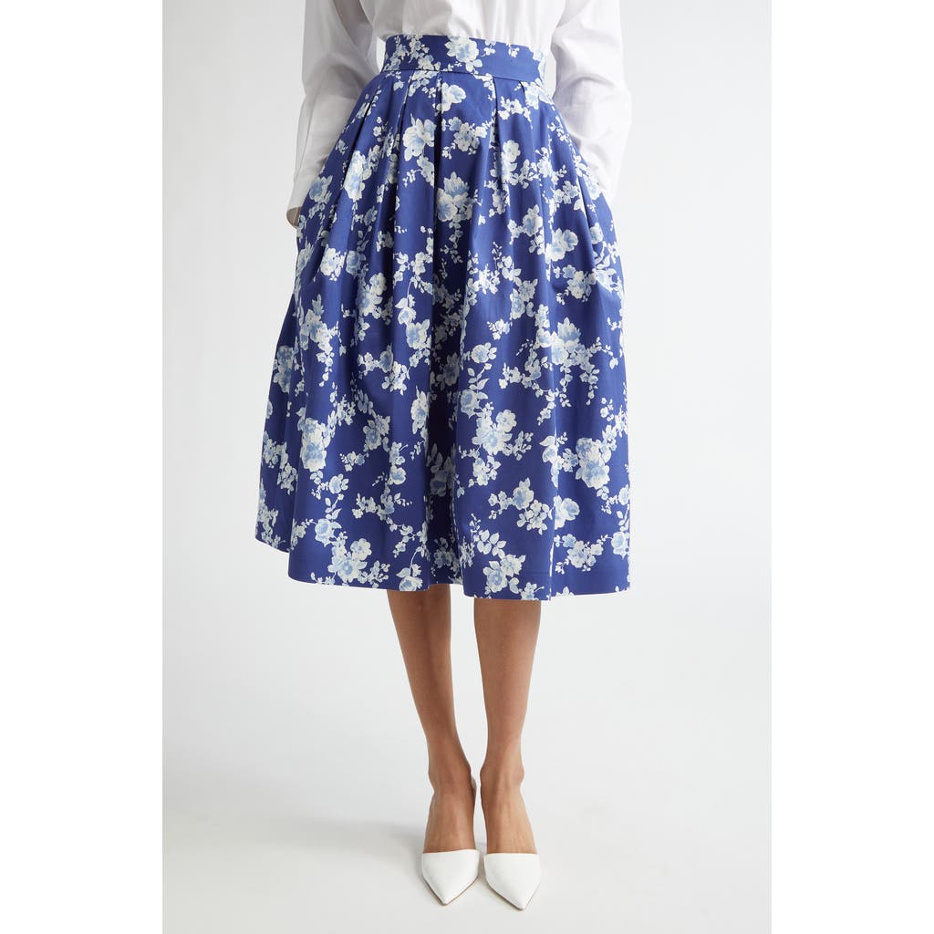 Shop Carolina Herrera Floral Print Pleated Faille Midi Skirt
