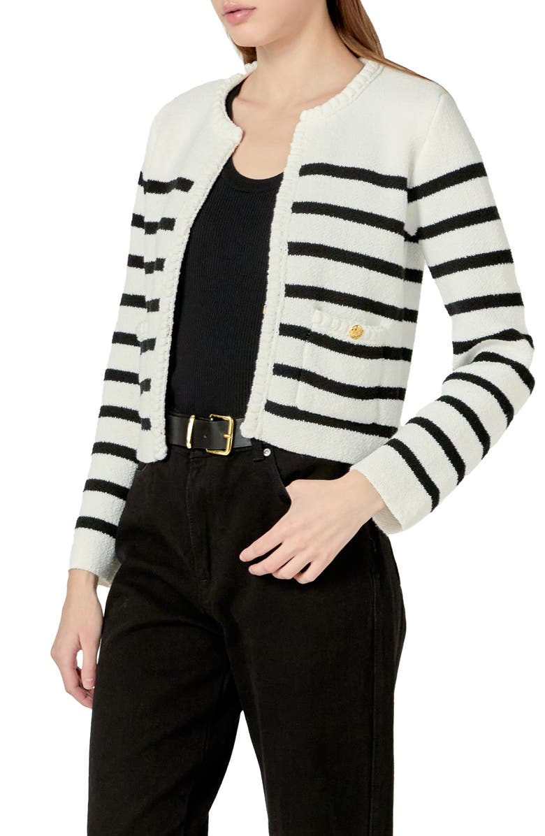 English Factory Stripe Crop Cardigan, Alternate, color, Off White