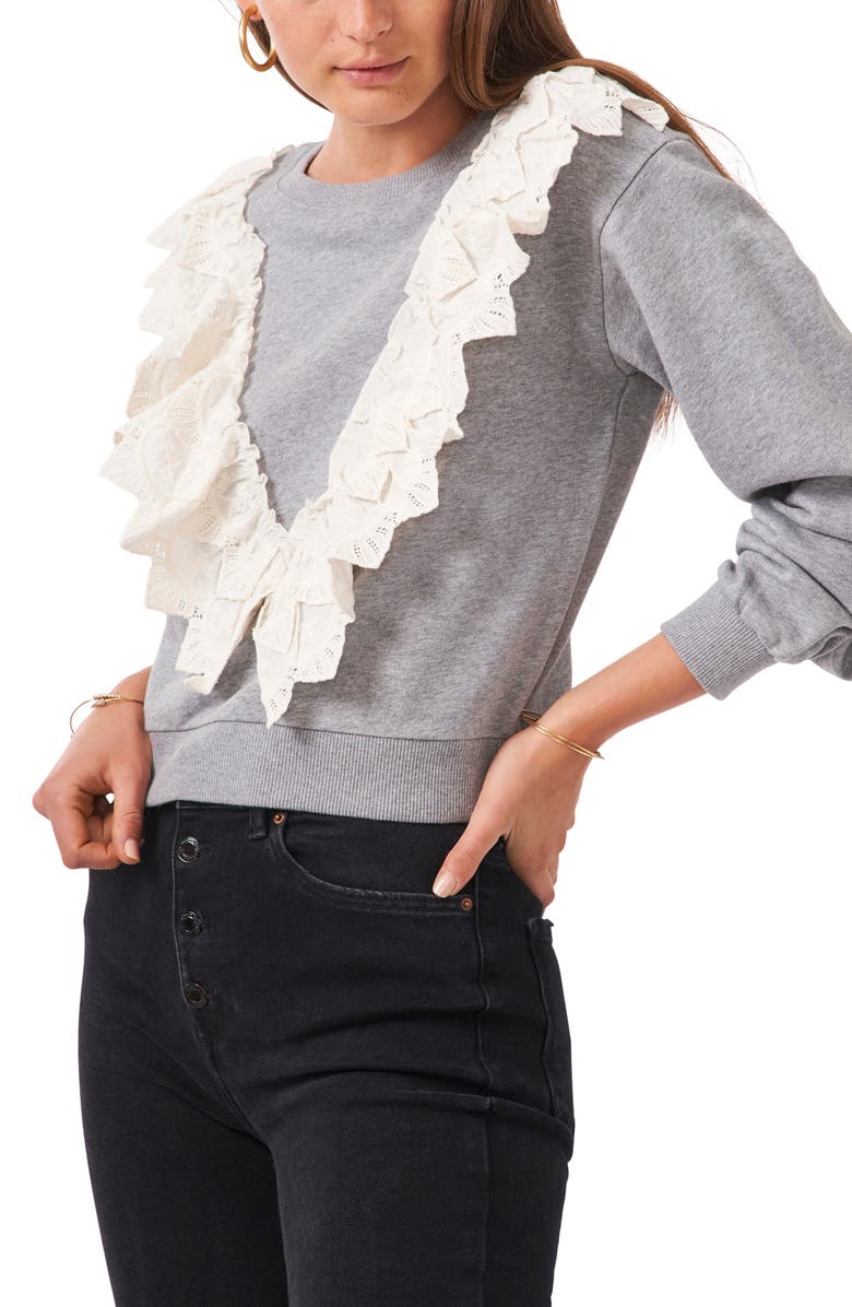 1.STATE Lace Ruffle Cotton Crewneck Sweater, Main, color,